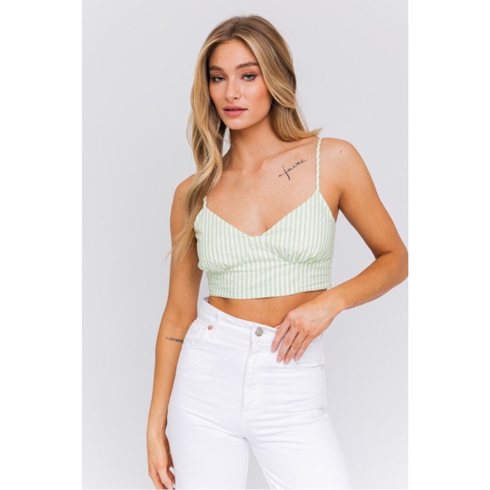 NWT Le Lis Pompano Linen Green White Striped Sweetheart Crop Top Size S